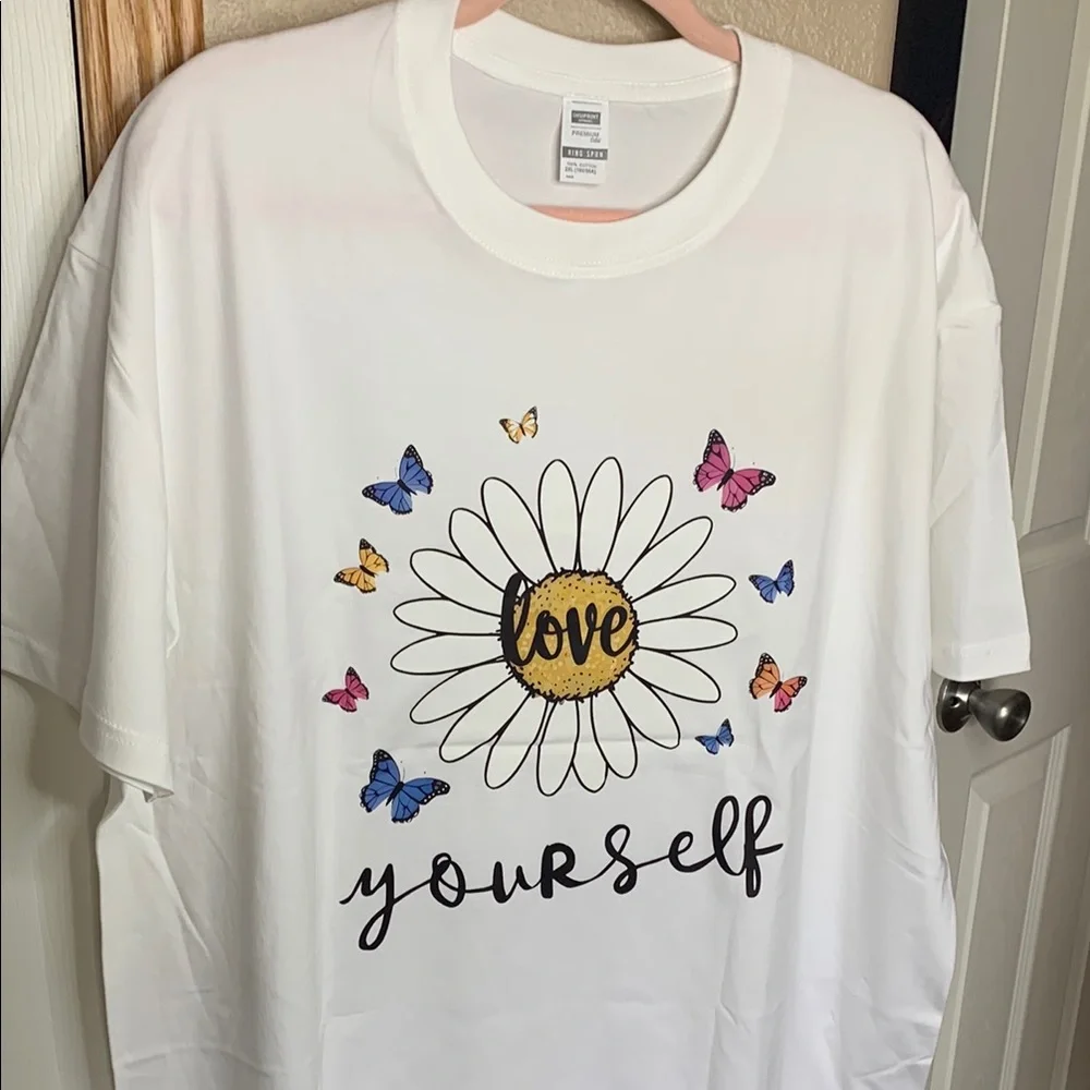Love Yourself Daisy and Butterflies Graphic White T-Shirt NEW - Picture 2 of 4